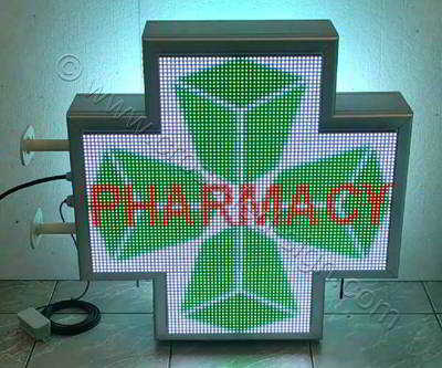 LED pharmacy cross RGB 70 cm matrix with PHARMACY word.