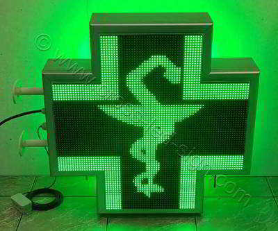 Σταυρός φαρμακείου LED RGB 70 cm με εφέ πράσινες γωνίες και φιδάκι στο κέντρο.