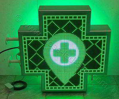 Σταυρός φαρμακείου LED RGB 70 cm με εφέ πράσινο σταυρό περιμετρικά, πλέγμα στο εσωτερικό μαζί με σταγόνα ένδειξης σε χάρτη.
