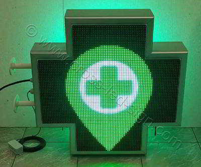 Σταυρός φαρμακείου LED RGB 70 cm με εφέ πράσινο μικρό σταυρό μέσα σε σταγόνα ένδειξης σε χάρτη.