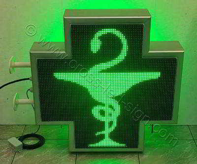 Σταυρός φαρμακείου LED RGB 70 cm με εφέ 3d πράσινο κινούμενο φιδάκι περί τον άξονα του και μαύρο φόντο.