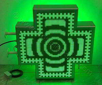 Σταυρός φαρμακείου LED RGB 70 cm με εφέ πράσινο σταυρό περιμετρικά και με κινούμενους κύκλους εσωτερικά.